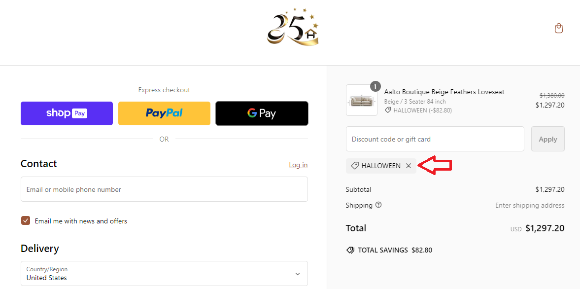 Screenshot of tested coupon for 25Home