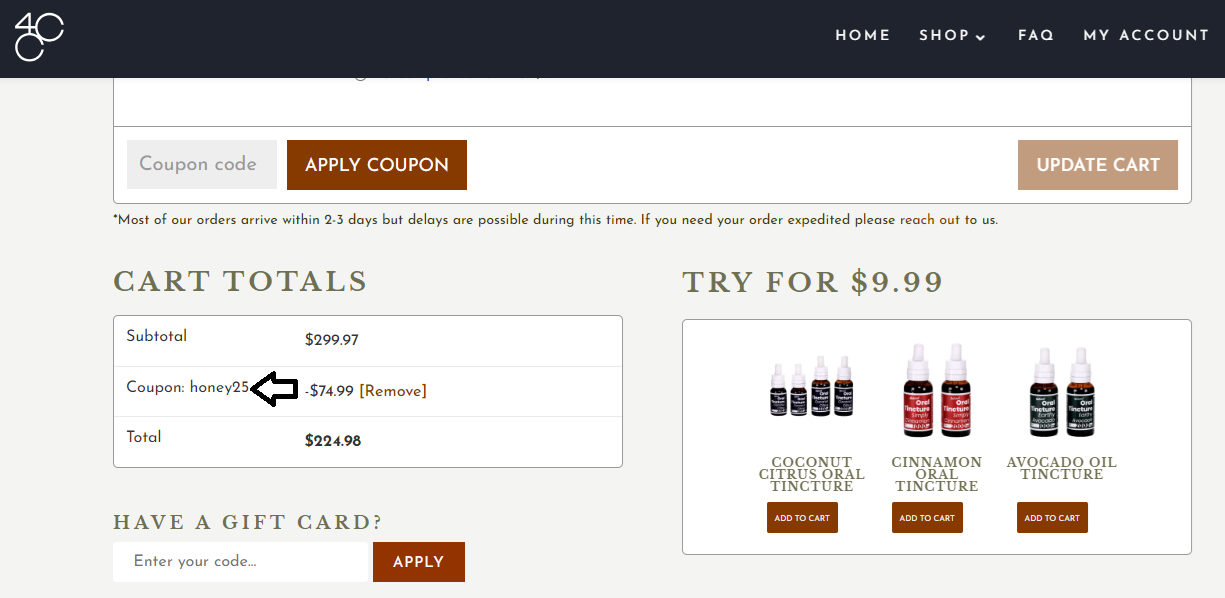 Screenshot of tested coupon for 4 Corners Cannabis