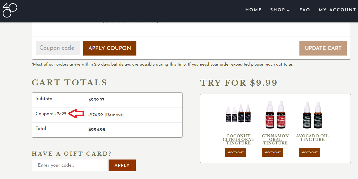 Screenshot of tested coupon for 4 Corners Cannabis