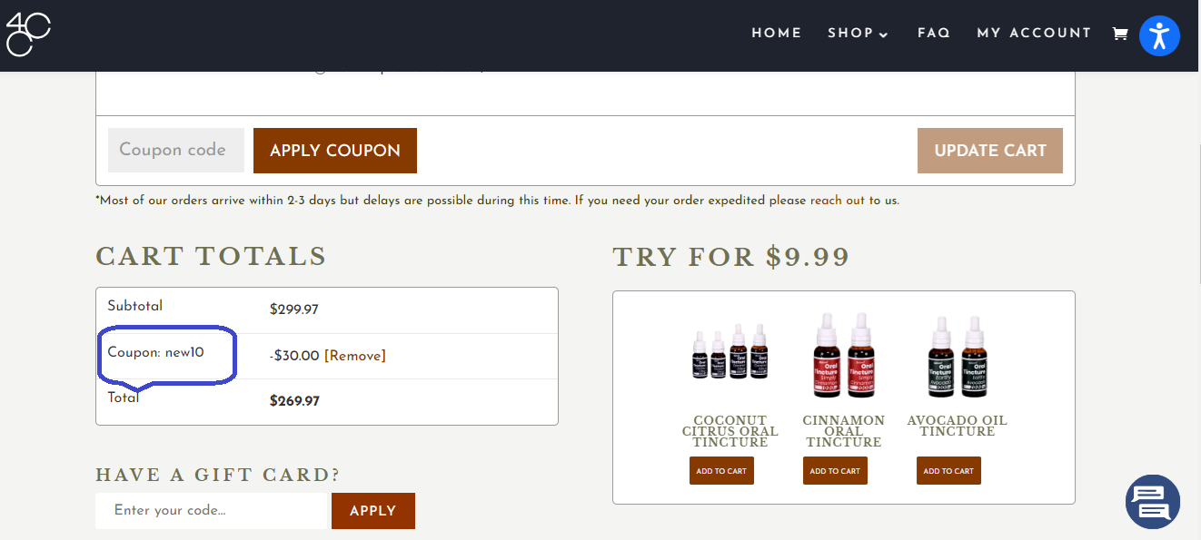 Screenshot of tested coupon for 4 Corners Cannabis