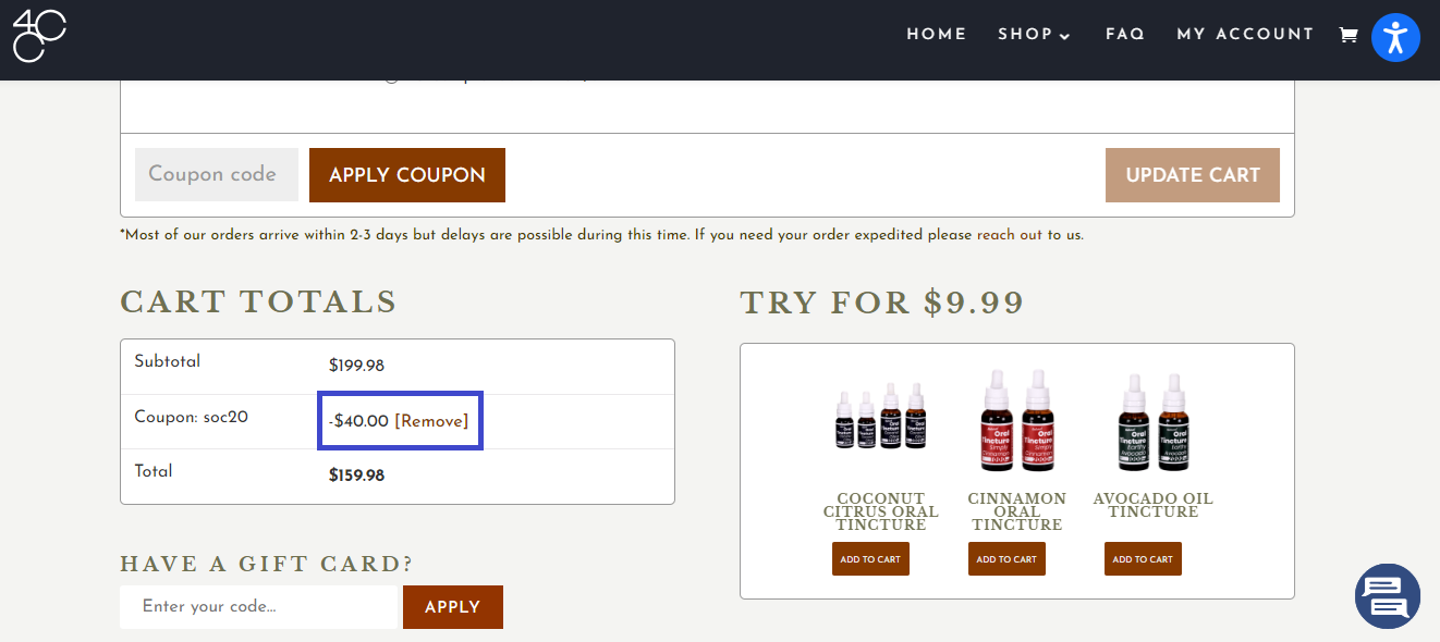 Screenshot of tested coupon for 4 Corners Cannabis