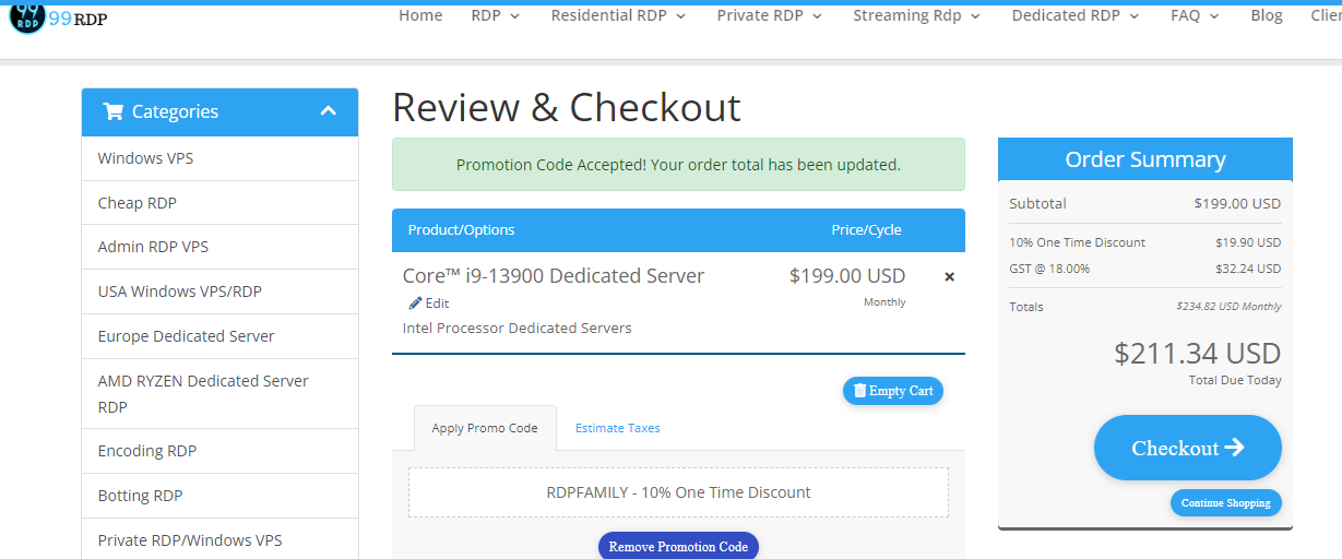 Screenshot of tested coupon for 99RDP