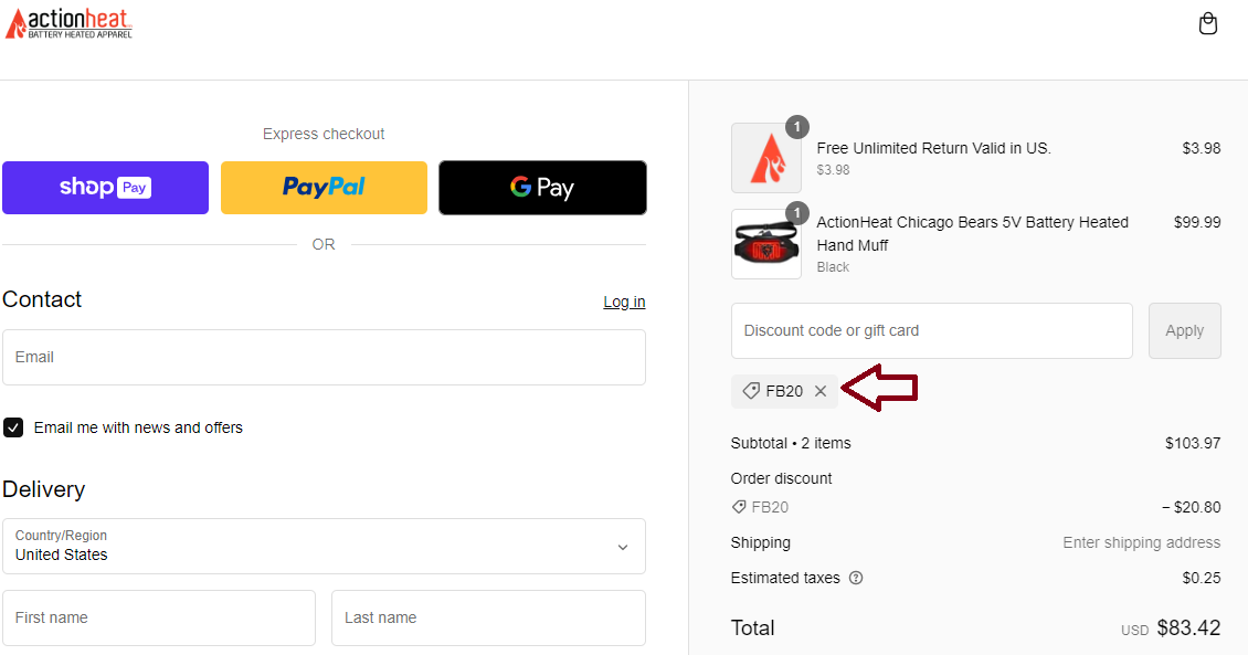 Screenshot of tested coupon for ActionHeat