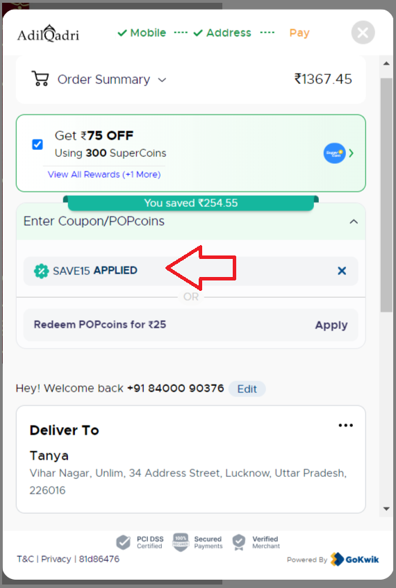 Screenshot of tested coupon for AdilQadri