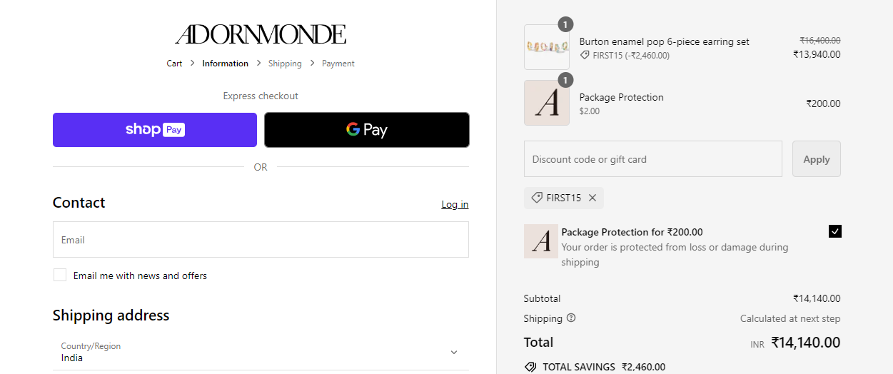 Screenshot of tested coupon for Adornmonde