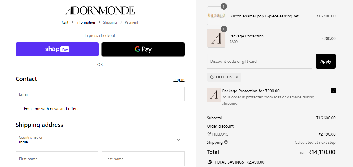 Screenshot of tested coupon for Adornmonde