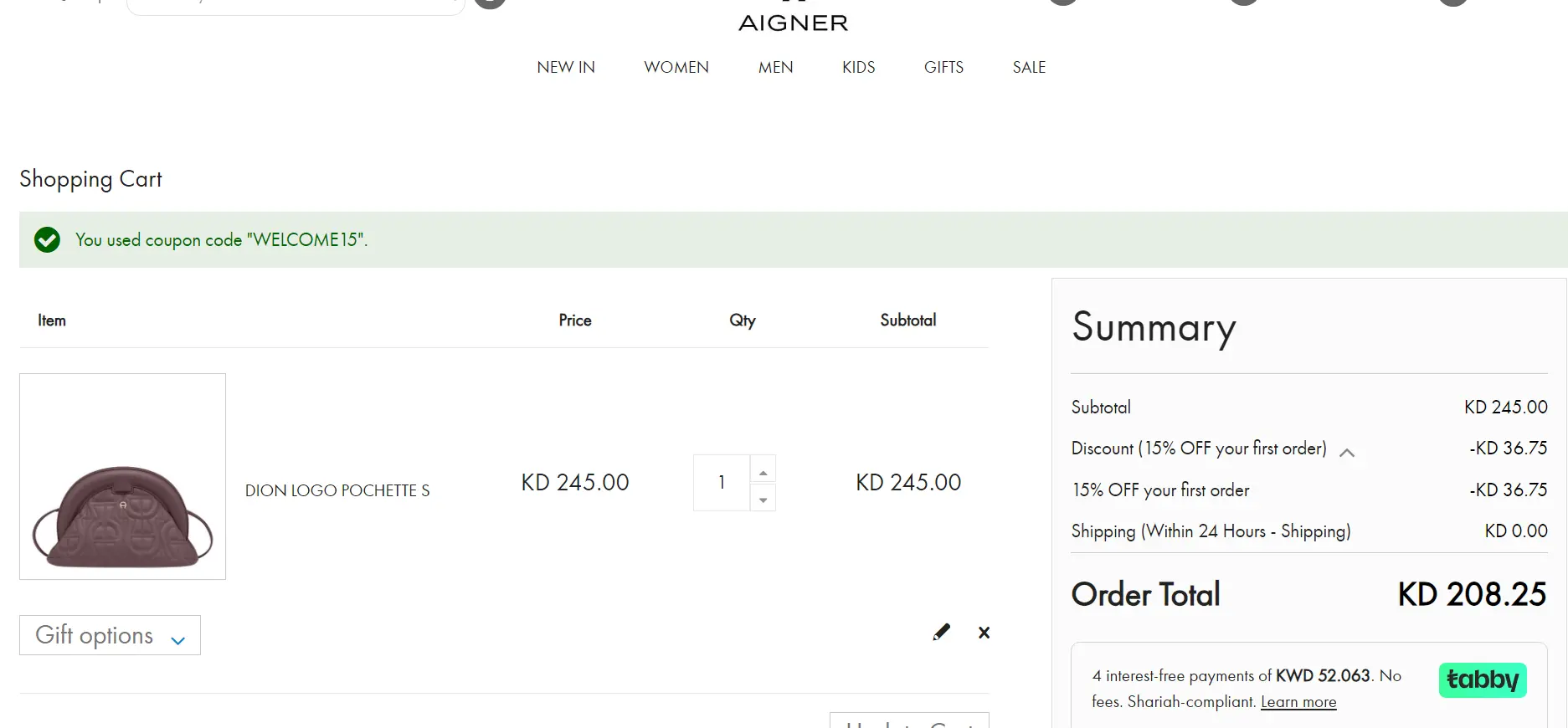 Screenshot of tested coupon for Aigner