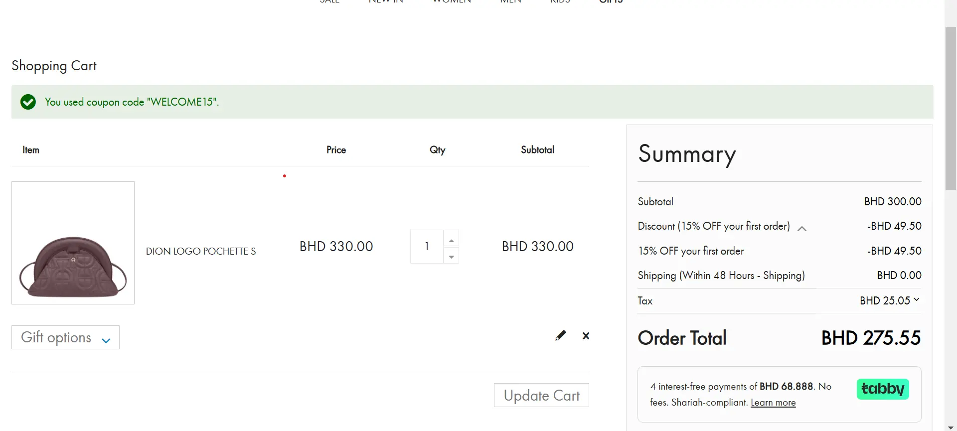 Screenshot of tested coupon for Aigner