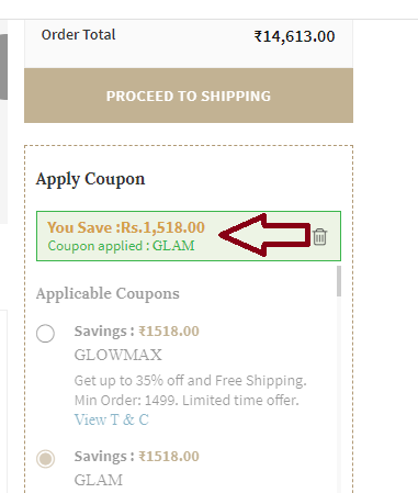 Screenshot of tested coupon for Ajio