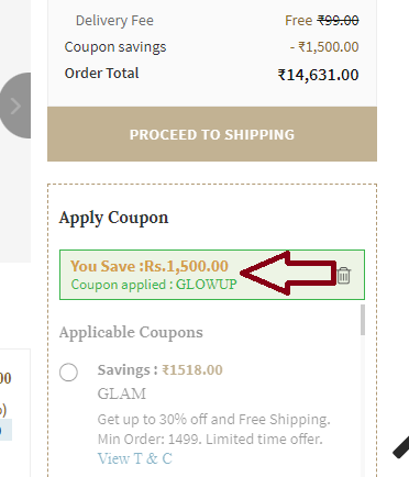 Screenshot of tested coupon for Ajio