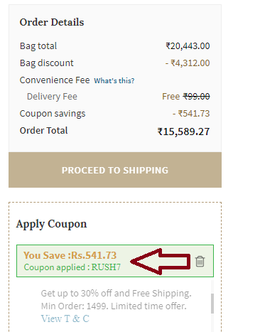 Screenshot of tested coupon for Ajio