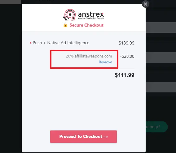 Screenshot of tested coupon for Anstrex