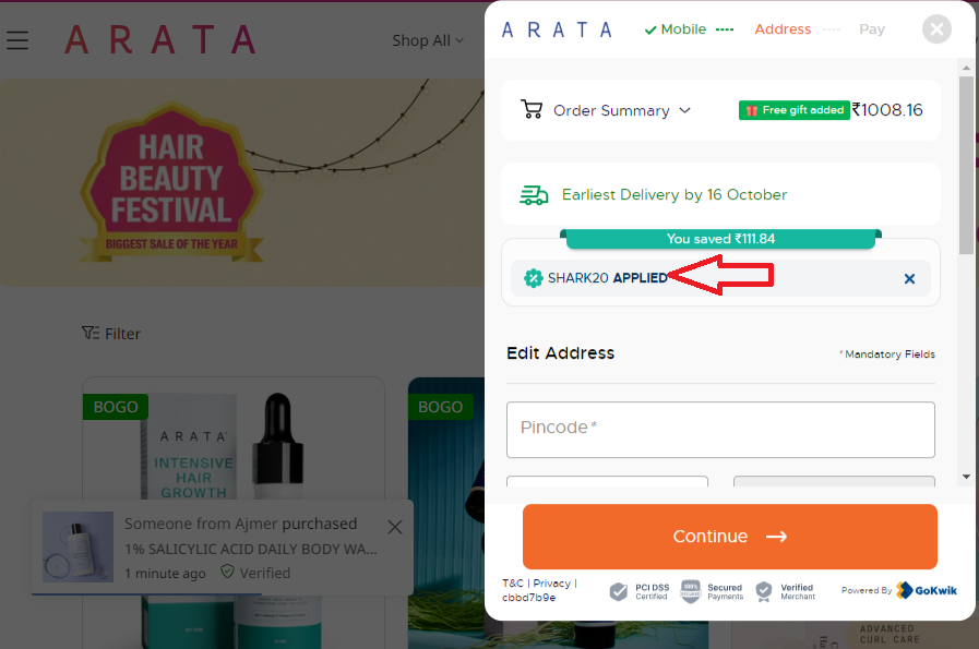 Screenshot of tested coupon for Arata