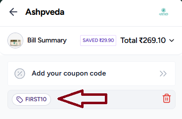 Screenshot of tested coupon for Ashpveda