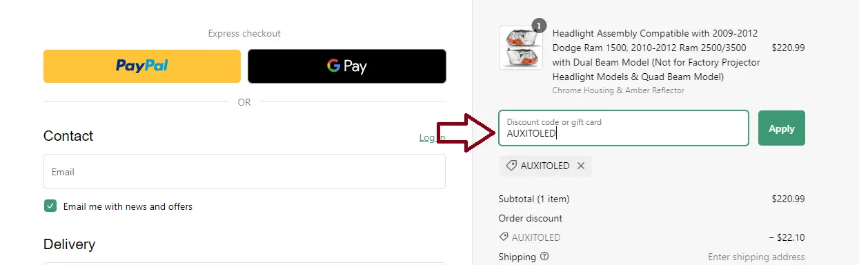 Screenshot of tested coupon for Auxito