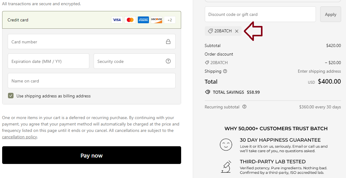 Screenshot of tested coupon for Batch CBD