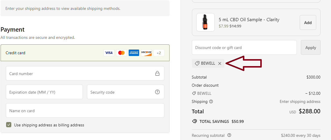 Screenshot of tested coupon for Batch CBD