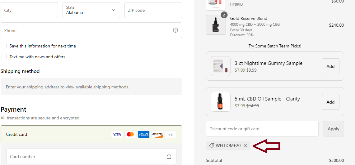 Screenshot of tested coupon for Batch CBD