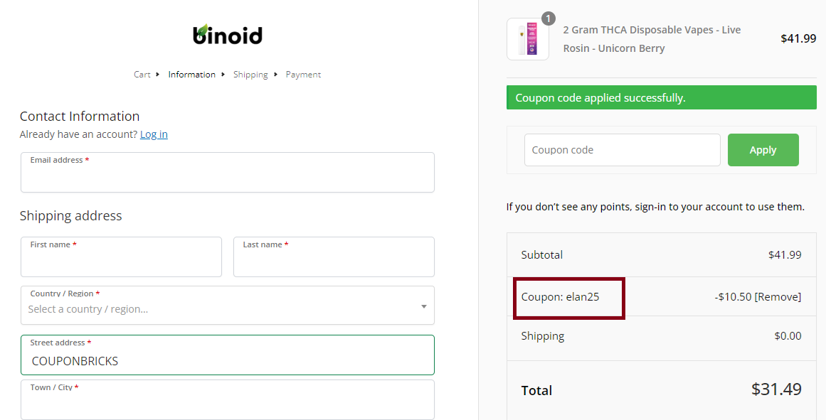 Screenshot of tested coupon for Binoid CBD