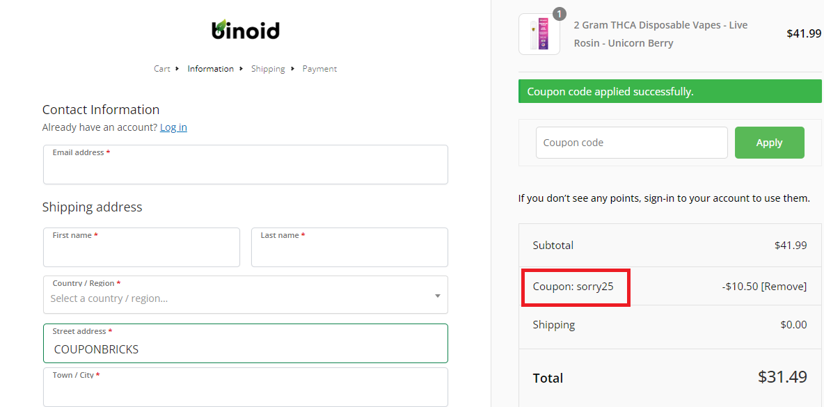 Screenshot of tested coupon for Binoid CBD