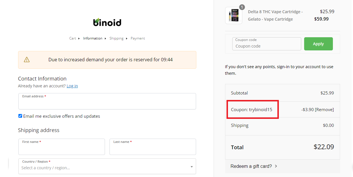 Screenshot of tested coupon for Binoid CBD