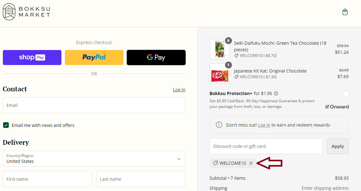 Screenshot of tested coupon for Bokksu Market