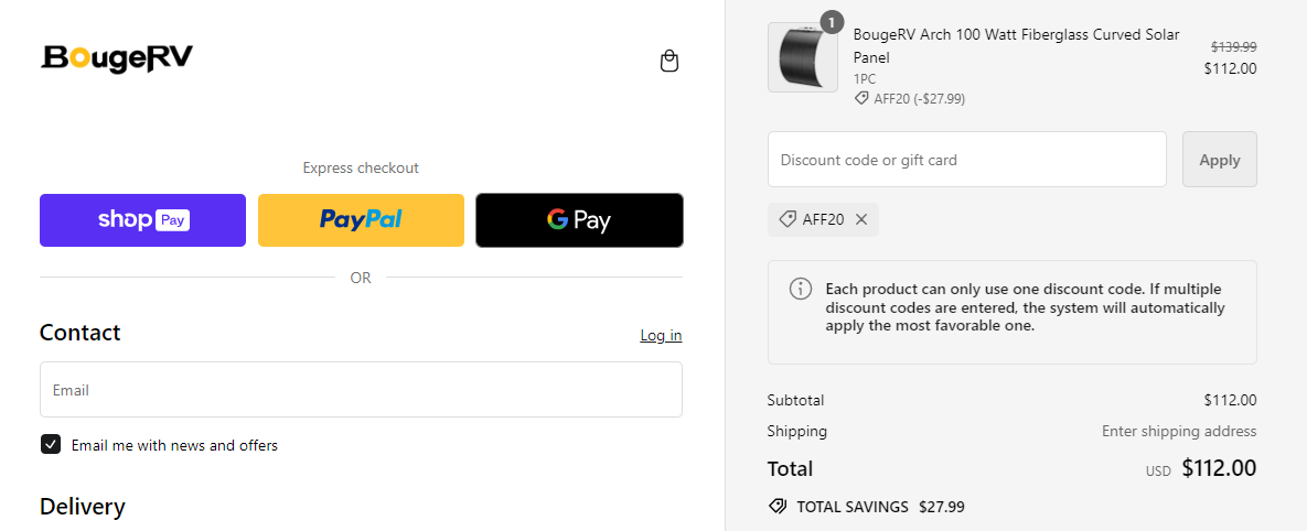 Screenshot of tested coupon for BougeRV