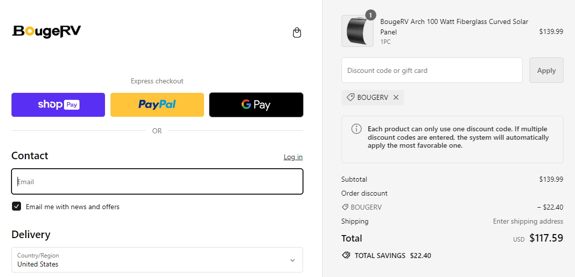 Screenshot of tested coupon for BougeRV