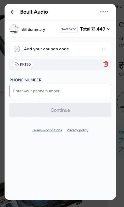 Screenshot of tested coupon for Boult Audio