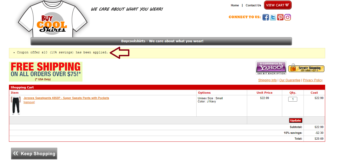 Screenshot of tested coupon for Buycoolshirts