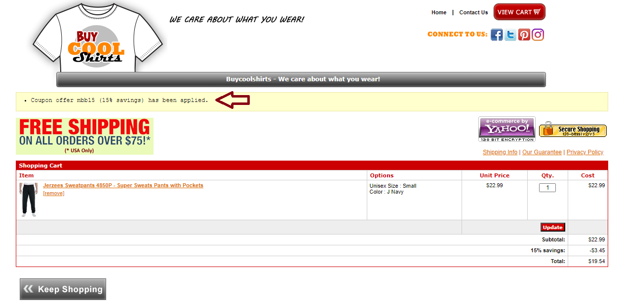 Screenshot of tested coupon for Buycoolshirts