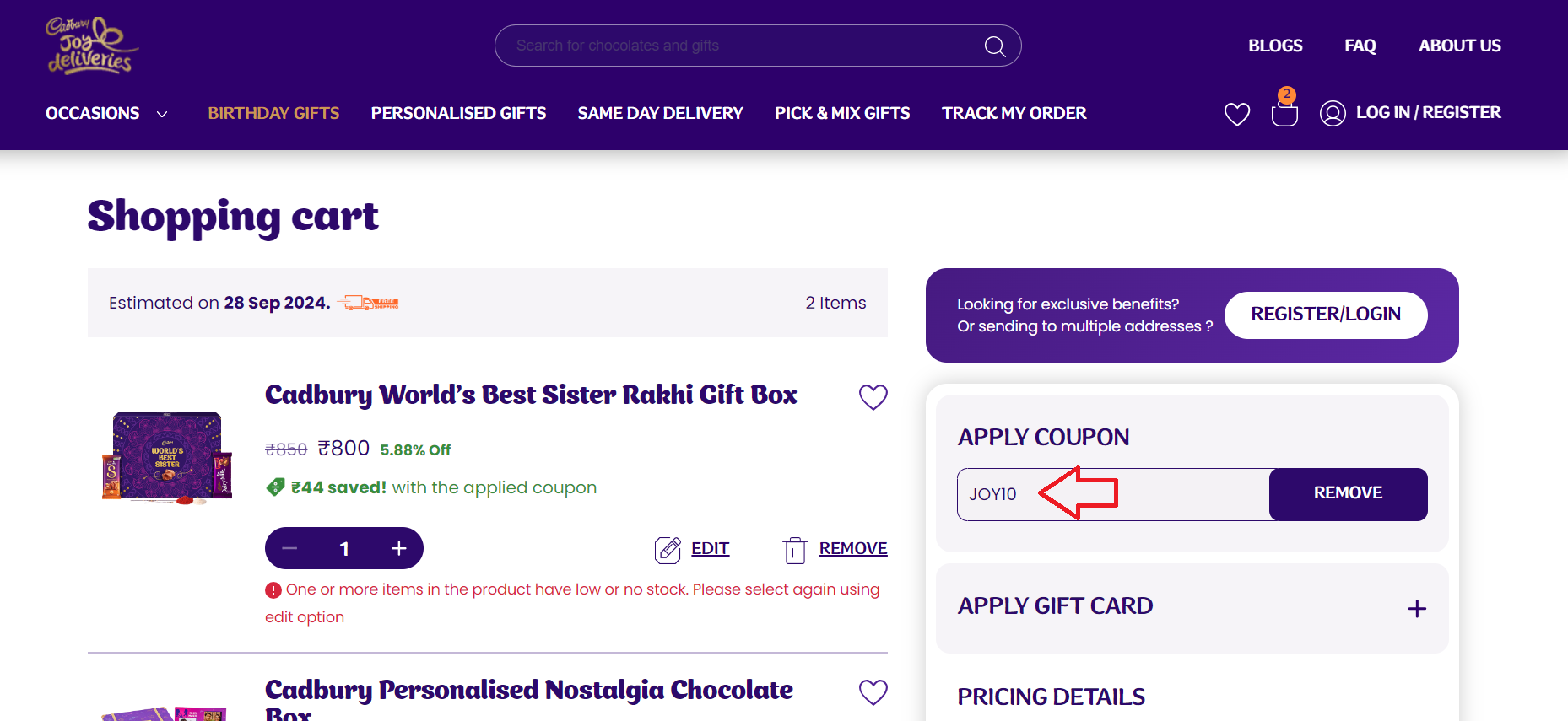 Screenshot of tested coupon for Cadbury