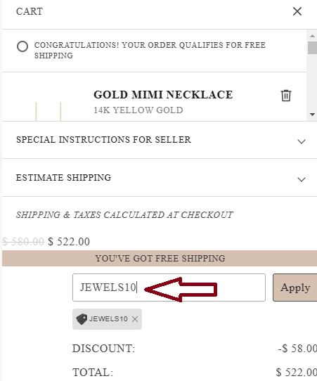 Screenshot of tested coupon for Camille Jewelry