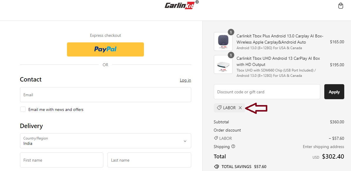 Screenshot of tested coupon for Carlinkit