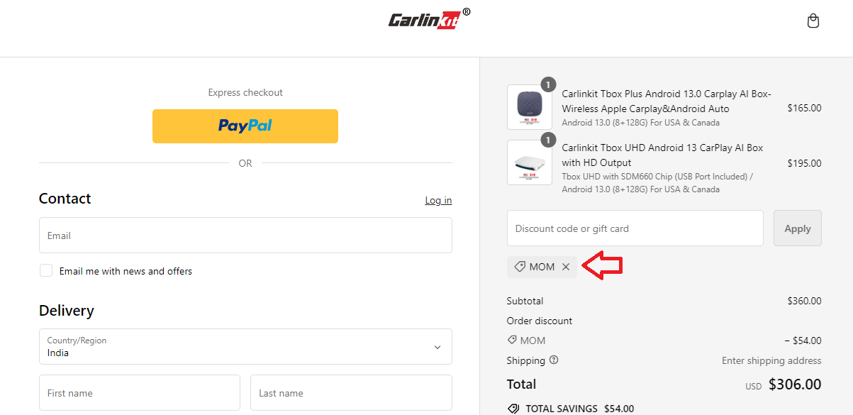 Screenshot of tested coupon for Carlinkit