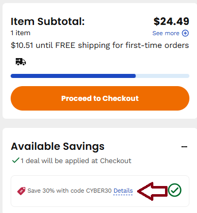 Screenshot of tested coupon for Chewy