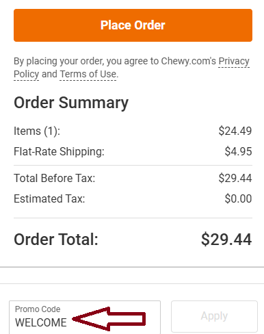 Screenshot of tested coupon for Chewy