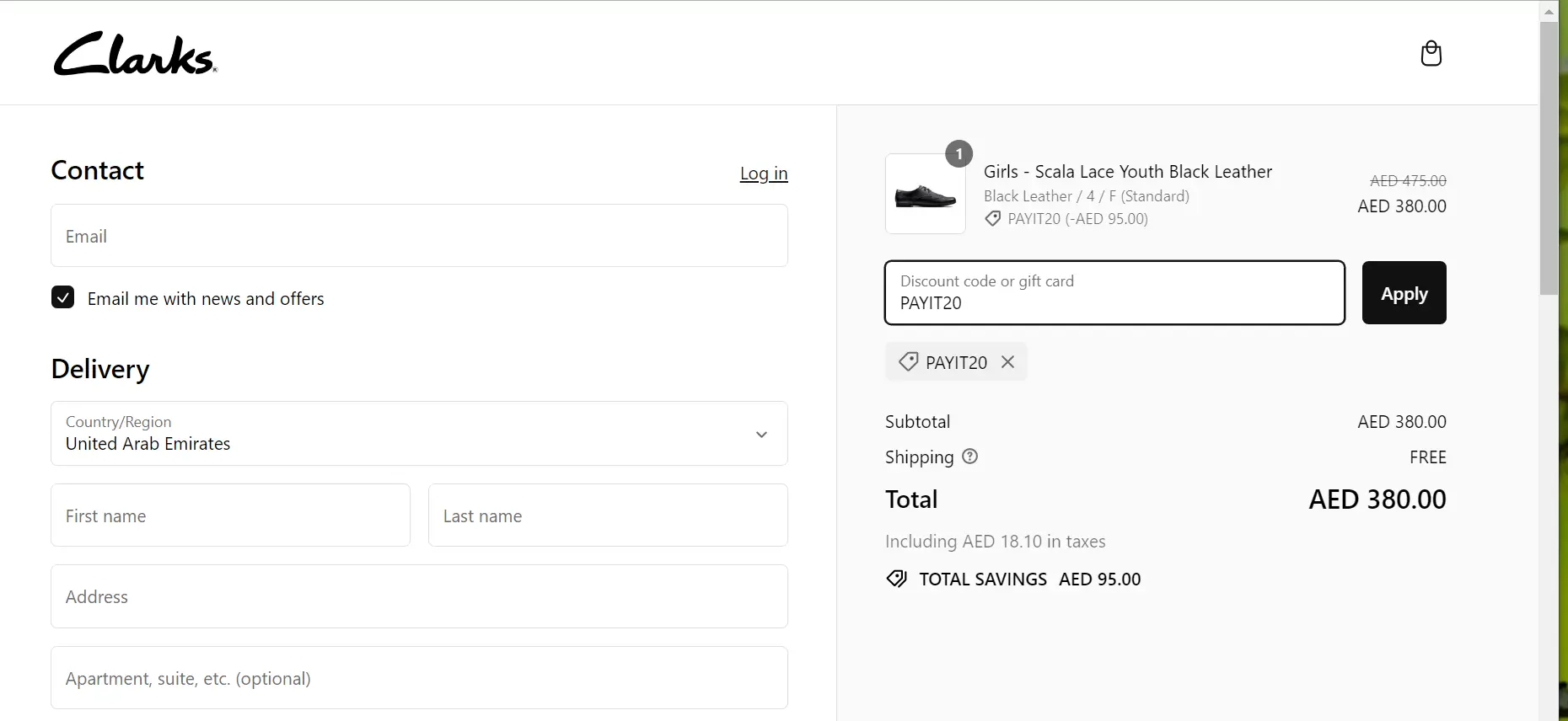 Screenshot of tested coupon for Clarks