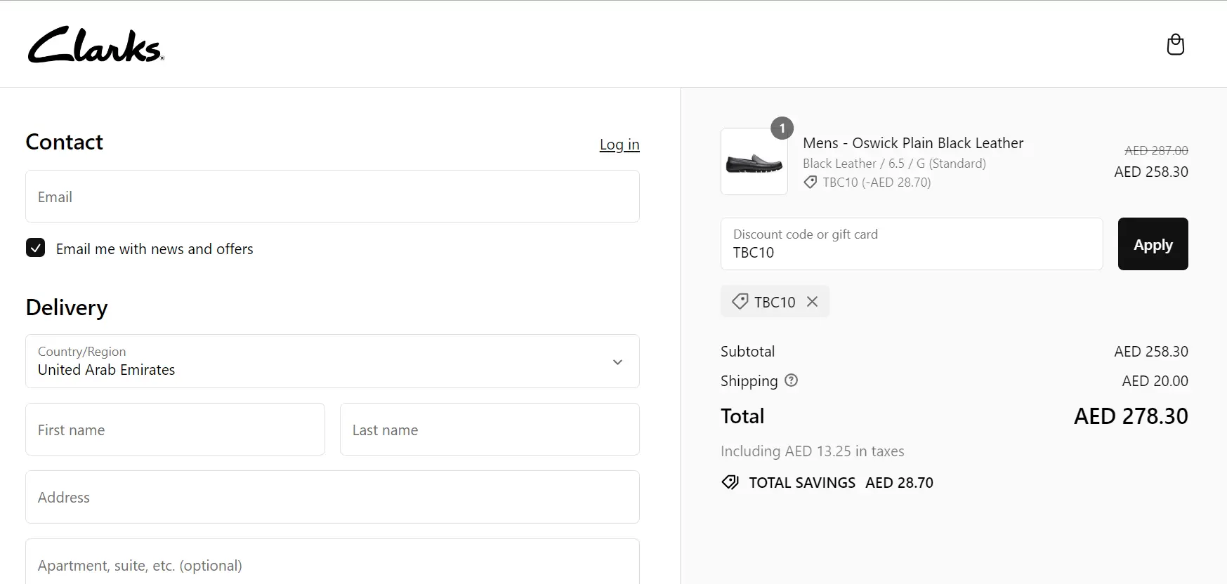 Screenshot of tested coupon for Clarks