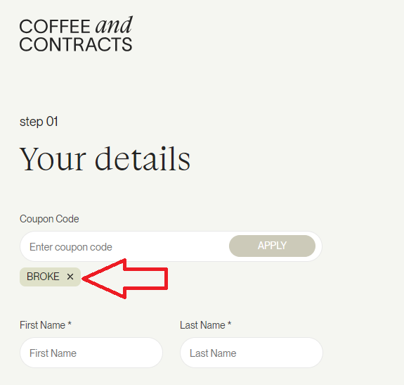 Screenshot of tested coupon for Coffee And Contracts