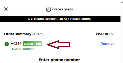 Screenshot of tested coupon for Colors Queen