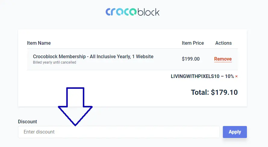 Screenshot of tested coupon for Crocoblock