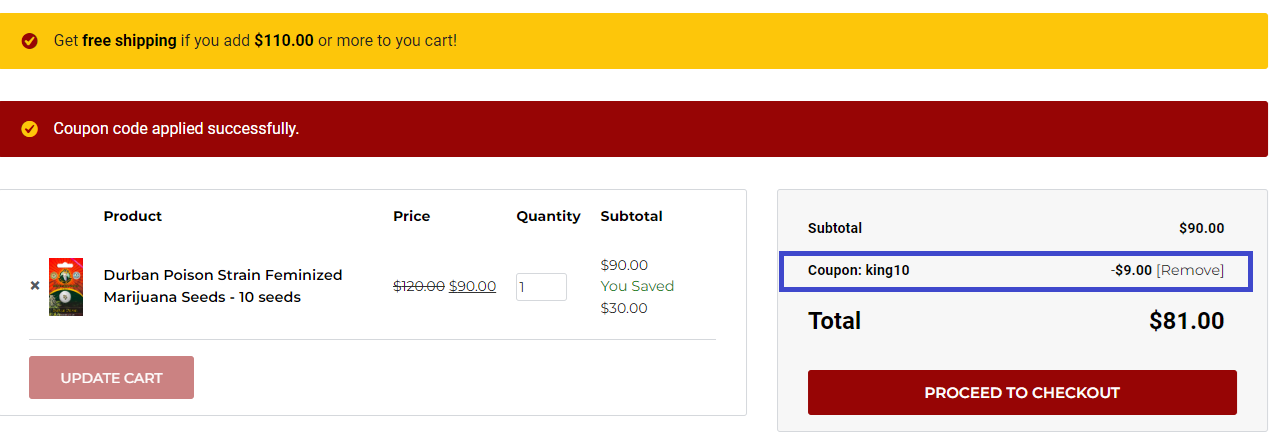 Screenshot of tested coupon for Crop King Seeds