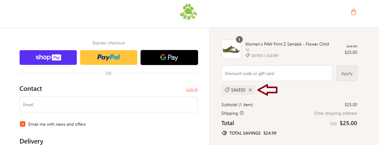 Screenshot of tested coupon for Dawgs