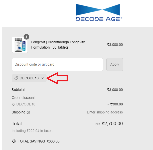 Screenshot of tested coupon for Decode Age