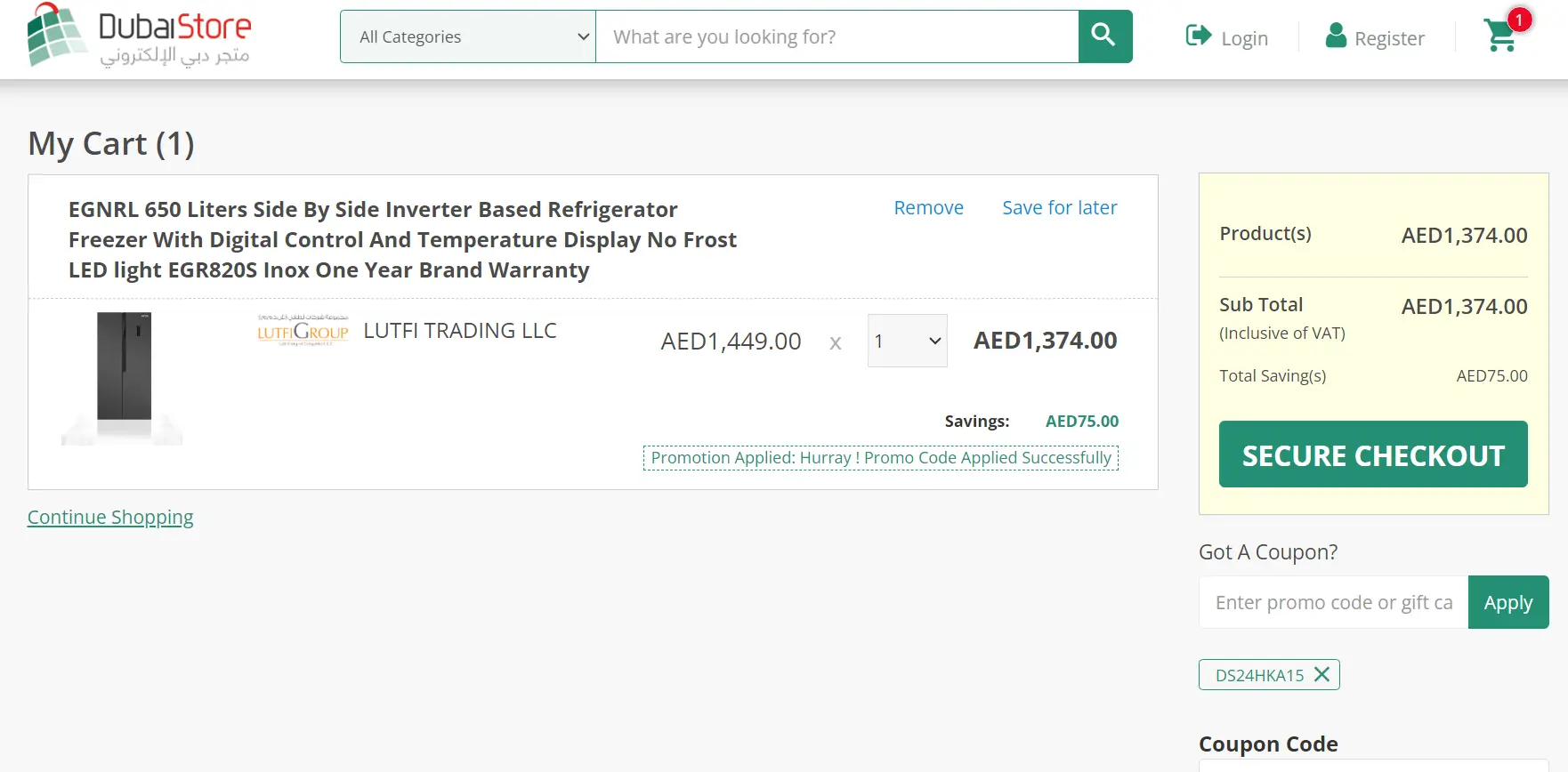 Screenshot of tested coupon for Dubai Store