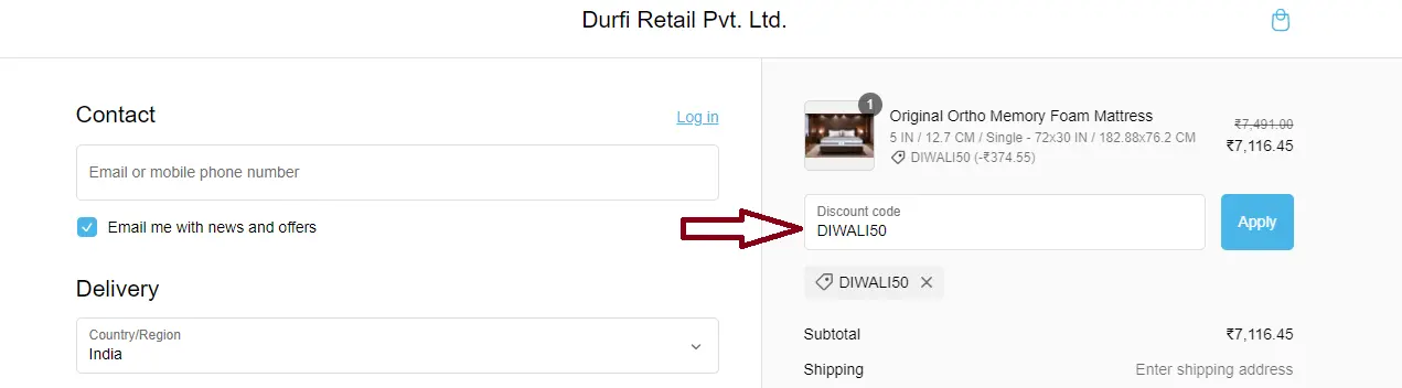 Screenshot of tested coupon for Durfi