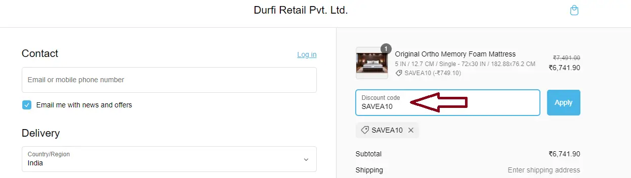 Screenshot of tested coupon for Durfi