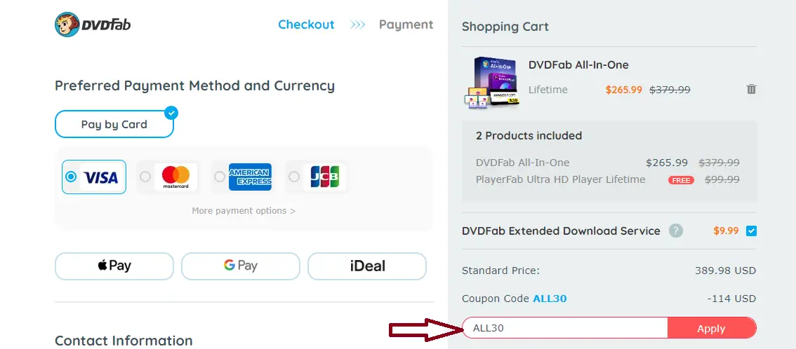 Screenshot of tested coupon for DVDFab