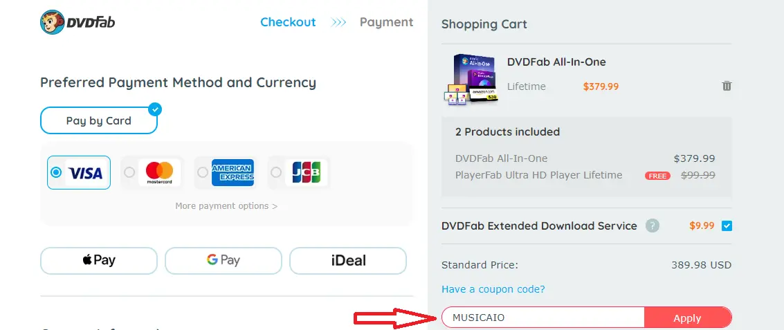 Screenshot of tested coupon for DVDFab